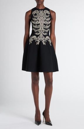 Alexander McQueen Metallic Lace Rib Cage Jacquard Fit & Flare Minidress in Black at Nordstrom, Size 12 Us