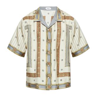 Versace Short Sleeve Shirts, male, Beige, Size: XL Printed Silk Twill Shirt