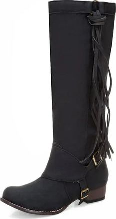 Generic Womens Round Toe PU Leather Long Boots with Buckle Low Block Heel Knee High Boots Pull on Western Cowboy Tassel Boot,Black,6.5 UK