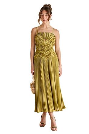 Coast Pleated Peplum Strappy Satin Dress in Olive at Nordstrom, Size 12