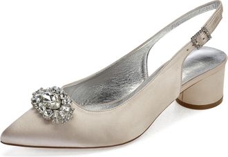 Generic Wedding Shoes Womens Low Heels Pointed Toe Bridal Heels Comfortable Satin Chunky Heels Prom Party Dress Shoes 4.5Cm,Champagne,5 UK