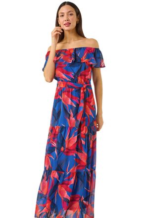 Roman Womens Floral Print Bardot Belted Maxi Dress - Navy - Size 18 UK