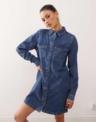 Noisy May long sleeve denim dress in mid blue