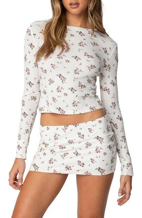 Edikted Melany Floral Waffle Long Sleeve T-Shirt in Cream at Nordstrom, Size Medium