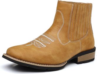 Generic Mens Western Cowboy Boots PU Leather Ankle Chelsea Boots Slip-On Embroidered Round Toe Retro Ranch Riding Classic Durable Casual Dress Fashion Footwea