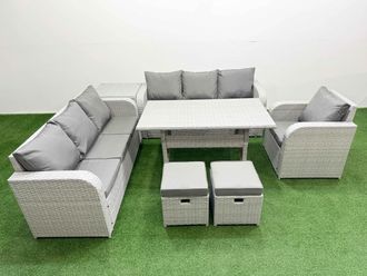 Fimous 9 Seater Poly Rattan Outdoor Garden Furniture Rectangular Dining Table Sofa Set Patio 3 Seater Sofa Reclining Chair 3 Seater Sofa Stools Side