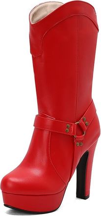 Generic MiaZane Womens Mid Calf Platform Boots Faux Leather Harness Detail Chunky Block Heel Street Style Fashion Winter Boots,Red,4.5 UK