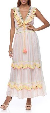 Ranee’s Ruffle Sleeveless Cotton Maxi Dress in White/pink Multi at Nordstrom Rack
