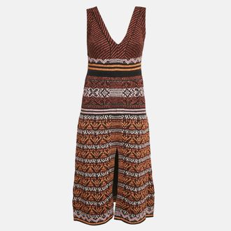M Missoni Black/orange Patterned Lurex Knit V-Neck Midi Dress