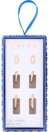 Leith Set of 3 Cubic Zirconia Oval Stud & Huggie Hoop Earrings in Clear- Gold at Nordstrom Rack