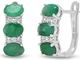 MAX + STONE 925 Sterling Silver Oval Genuine Gemstone and White Topaz J Hoop Earrings