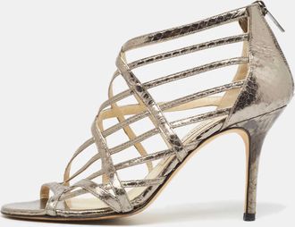 Jimmy Choo London Metallic Grey Watersnake Strappy Peep Toe Sandals
