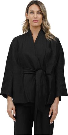 Alpha Studio Linnen kimono cardigan met ceintuur - Dames - Vesten - Zwart - L - Linnen - Truien & Vesten