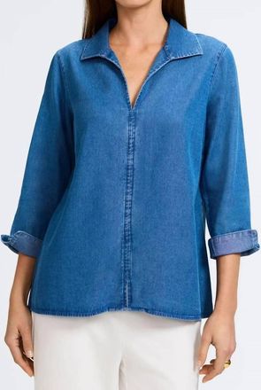 Foxcroft Agnes Chambray Popover Top In Medium Wash