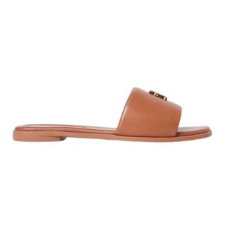 Tommy Hilfiger Sliders, female, Brown, Size: 11 US Leather Mules with TH Monogram Plaque