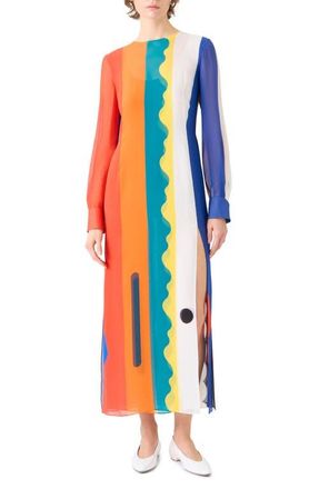 Akris Paravent Print Silk Chiffon Button-Up Shirt in Orange Multicolor at Nordstrom, Size 10