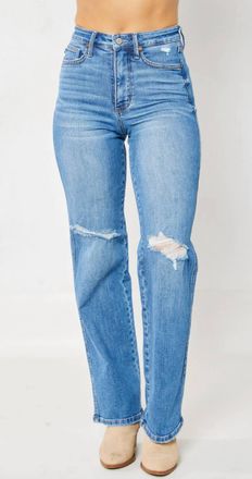 Judy Blue High Waist Tummy Control Knee Destroy Straight Jeans In Medium Wash