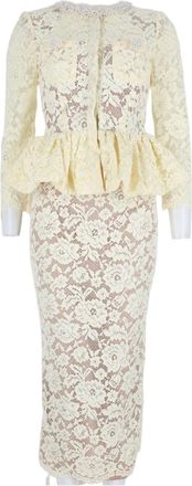 Self Portrait Yellow Lace Peplum Overlay Polyester Midi Dress