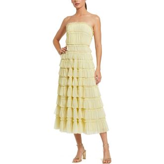 Mac Duggal Solid Mesh Micro Ruffle Strapless Midi Dress in Buttercup at Nordstrom, Size 10