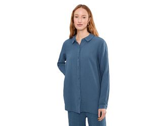 Mod-o-doc Long Sleeve Button Up Tunic Womens Clothing Pacific Blue : LG (US 12-14), Cotton
