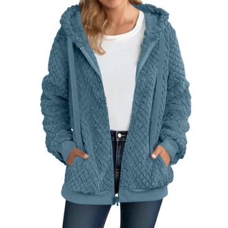 Generic Keepink Coats for Women UK Womens Plaid Fleece Jacket Check Pattern Zip Front Hooded Coat Pocket Oversized Sherpa Zip Up Hoodies Soft Fluffy Outwear W