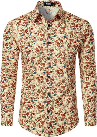 JOGAL Mens Regular fit Floral Dress Shirt Long Sleeve Printed Casual Button Down Shirts Beige Brown XX-Large
