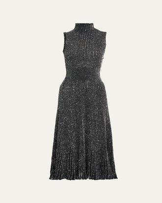 Alaia Mock-Neck Metallic Rib Sleeveless Midi Dress