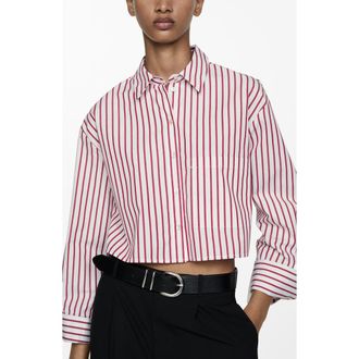 Mango Stripe Crop Button-Up Shirt in Red at Nordstrom, Size 2
