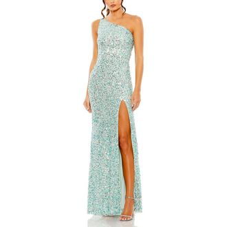 Mac Duggal Sequin One Shoulder Gown w/ Embellishments in Aqua at Nordstrom, Size 10
