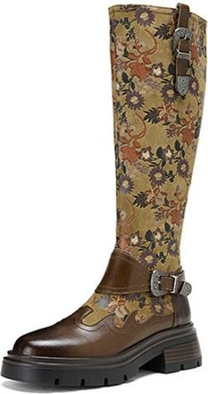 Generic Womens PU Leather Knee High Boots with Side Zipper Block Heel Platform Boots Round Toe Casual Long Boot with Buckle,Brown Single Lining,2.5 UK