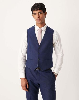 Asos Gilet da abito slim fit blu navy in misto lana con motivo a spina di pesce