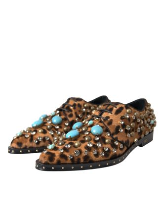 Dolce & Gabbana Womens Brown Leopard Hair Crystal Dress Broque Shoes Black And Calf Fur Polyester Viscose