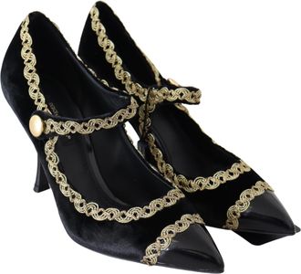 Dolce & Gabbana Womens Black Velvet Gold Mary Janes Pumps