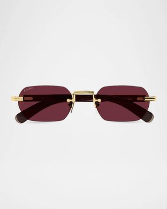 Cartier Premi&egrave;re De Cartier Ct0362S Metal & Wood Rimless Rectangular Sunglasses