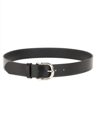 Isabel Marant Smooth Black Leather Belt with Round Silver Buckle