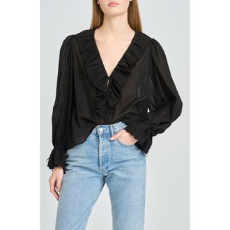 Wayf Helena Eyelet Ruffle Cotton Lawn Top in Black at Nordstrom, Size X-Large