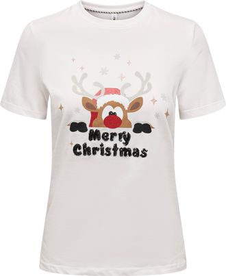 Only Rundhalsshirt ONLY ONLXMAS YRSA CHRISTMAS REG S/S TOP JRS, Damen, Gr. XS, cloud dancer print:yrsa merry, Single Jersey, Obermaterial: 100% Baumwolle, 
