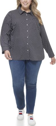 Tommy Hilfiger Womens Long Sleeve Button Up Collared Shirt, Sky Captain Multi, 3X