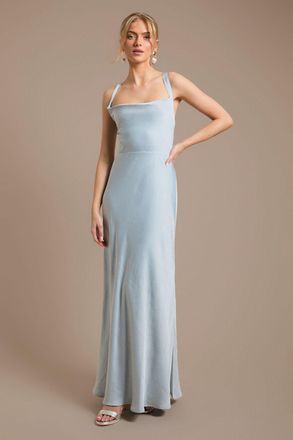 Oasis Womens Light Blue Cross Shoulder Tie Back Satin Maxi Bridesmaid Dress - Size 18 UK