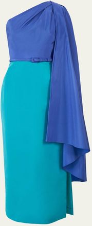 Carolina Herrera Colorblock Silk Belted One-Shoulder Maxi Dress With Detachable Drape