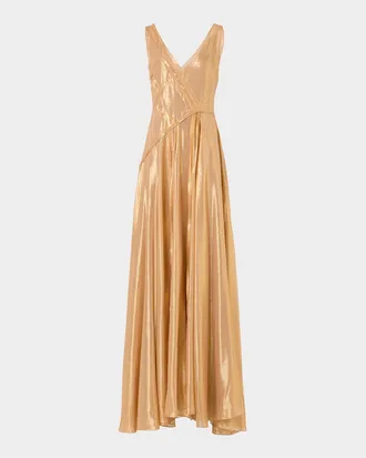 Akris Sleeveless Asymmetric Paneled Lam&eacute; Silk Gown
