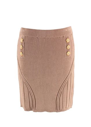 Balmain Camel Ribbed Knit Mini Skirt with Gold Button Detail Size XL