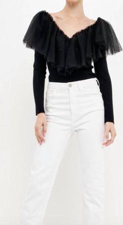 endless rose Mixed Media Mesh Ruffle Top In Black