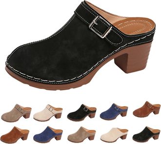 Generic Womens Suede Leather Clogs Chunky Block Heel Closed Toe Slip on Backless Mules Sandals Comfortable Wide Fit Antil Slip Slide Loafers Lightweight Heele
