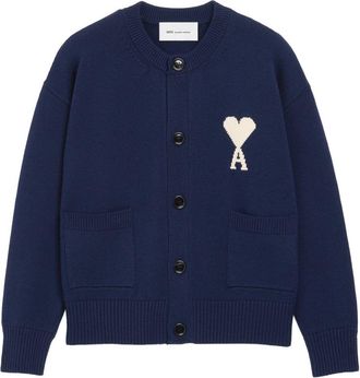 Ami Navy Blue Ribbed Hem Crewneck Sweater