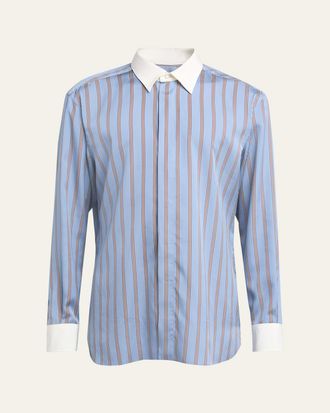 Tom Ford Mens Stripe Silk Contrast-Trim Sport Shirt