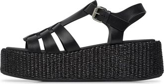 Loriblu Zwarte kalfsleren en raffia sleehaksandaal - Dames - Sleehakken - Zwart - 40 EU - Leer - Schoenen