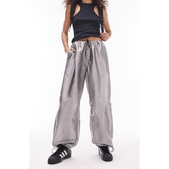 Topshop Oversize Metallic Parachute Trousers in Silver at Nordstrom, Size Small