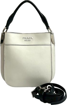 Prada Black White Leather Handbag Shoulder Bag Tote Bag (Pre-Owned)