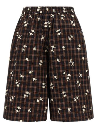 Ganni Check Floral-Embroidered Cotton Bermudas - Black